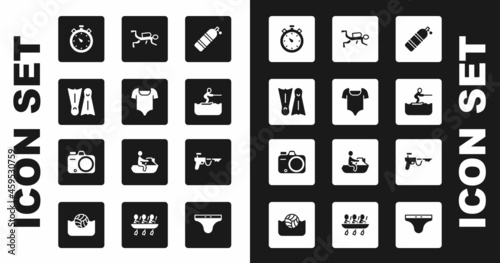 Set Aqualung, Swimsuit, Flippers for swimming, Stopwatch, Water skiing man, Scuba diver, Fishing harpoon and Photo camera icon. Vector