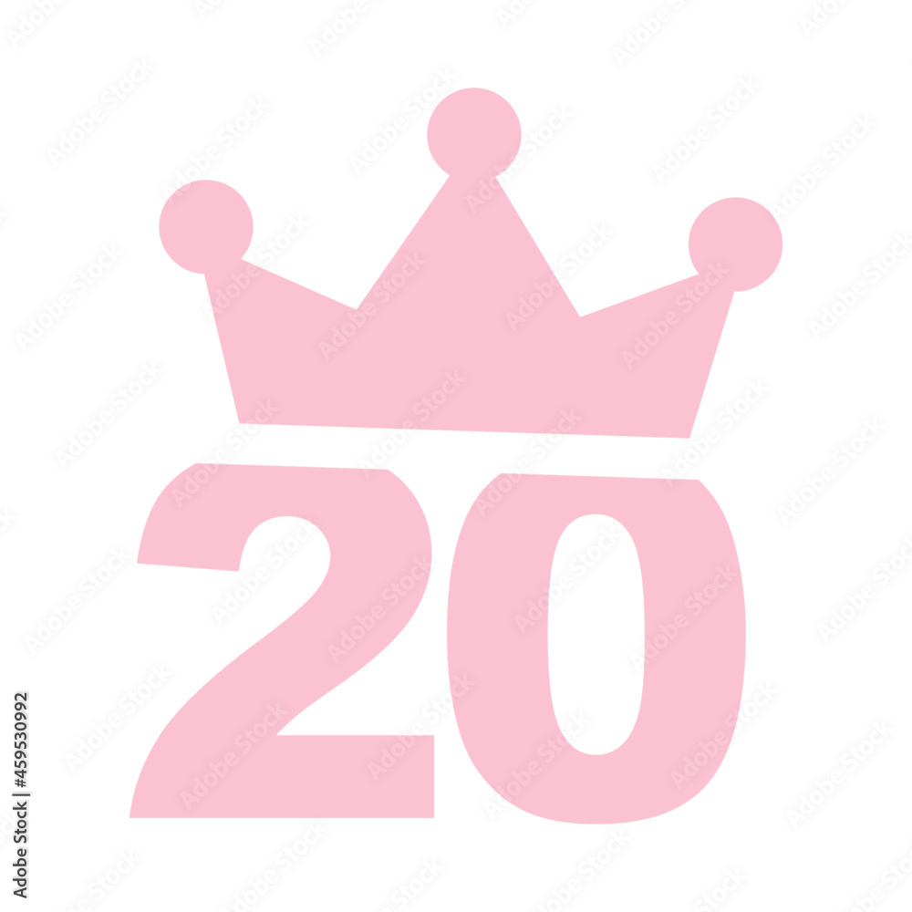 Vector illustration of 20th birthday party pink clip art icon - Number twenty with a crown
