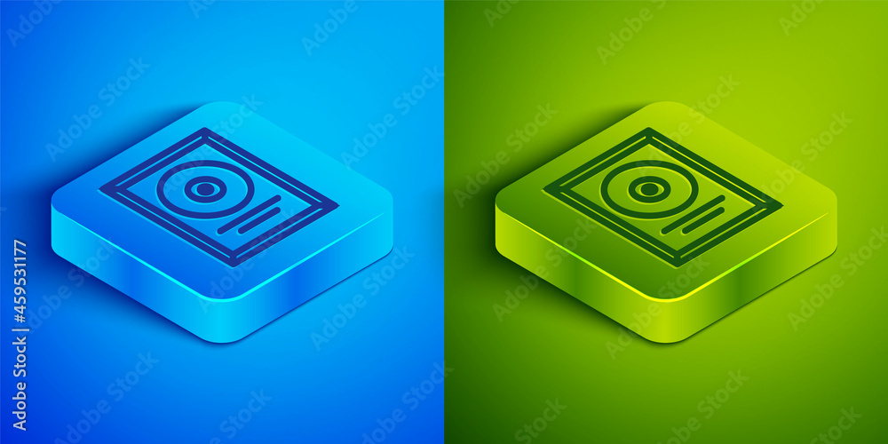 Isometric line CD disk award in frame icon isolated on blue and green background. Modern ceremony. Best seller. Musical trophy. Square button. Vector Isometric line CD disk award in frame icon isolated on blue and green background. Modern ceremony. Best seller. Musical trophy. Square button. Vector
