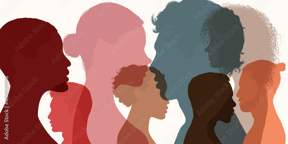 Silhouette heads faces in profile of multiethnic and multicultural people. Psychology concept. Solving psychological problems. Communication. Team community. Diverse people
