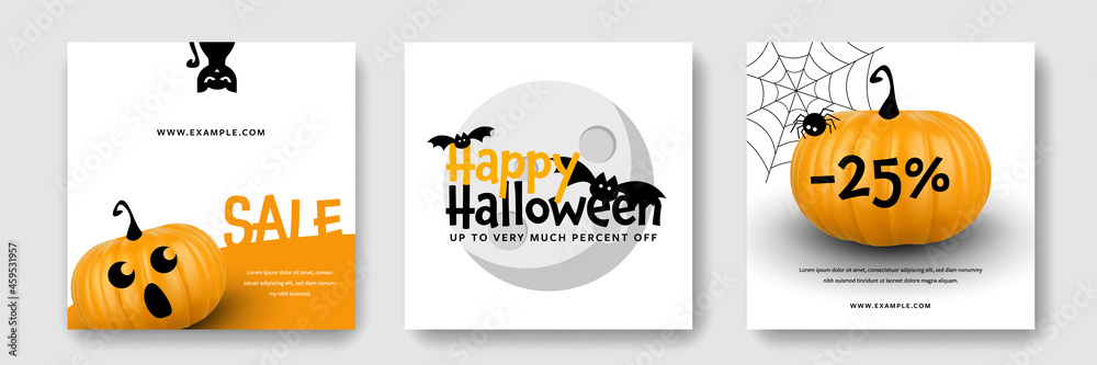 Vecteur Stock Halloween social media post, instagram and facebook posts,  scared pumpkin, bat and spider vector illustrations, modern seasonal sale  layouts | Adobe Stock