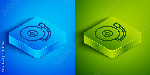 Isometric line Ringing alarm bell icon isolated on blue and green background. Fire alarm system. Service bell, handbell sign, notification symbol. Square button. Vector