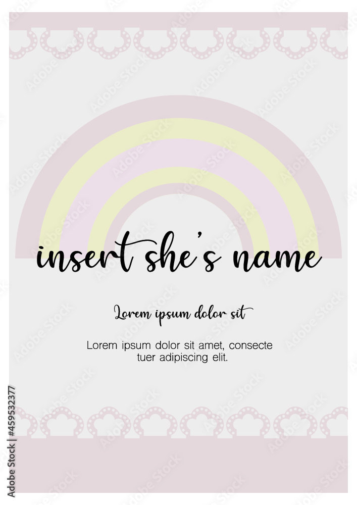 Tarjeta de invitación arcoíris tonos rosa, encaje y amarillos. cumpleaños, fiesta de bebé, recursos gráficos