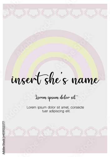 Tarjeta de invitación arcoíris tonos rosa, encaje y amarillos. cumpleaños, fiesta de bebé, recursos gráficos