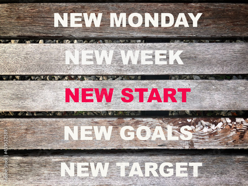 Wooden background with phrase NEW MONDAY, NEW WEEK, NEW START, NEW GOALS and NEW TARGET