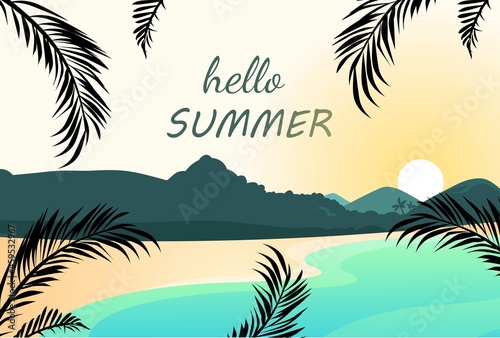 Beautiful landscape at sunset with hello summer lettering on exotic natural background. Modern cute summer colorful template for travel agency banner advertising. Flat cartoon vector illustration