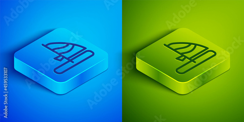 Isometric line Windsurfing icon isolated on blue and green background. Square button. Vector
