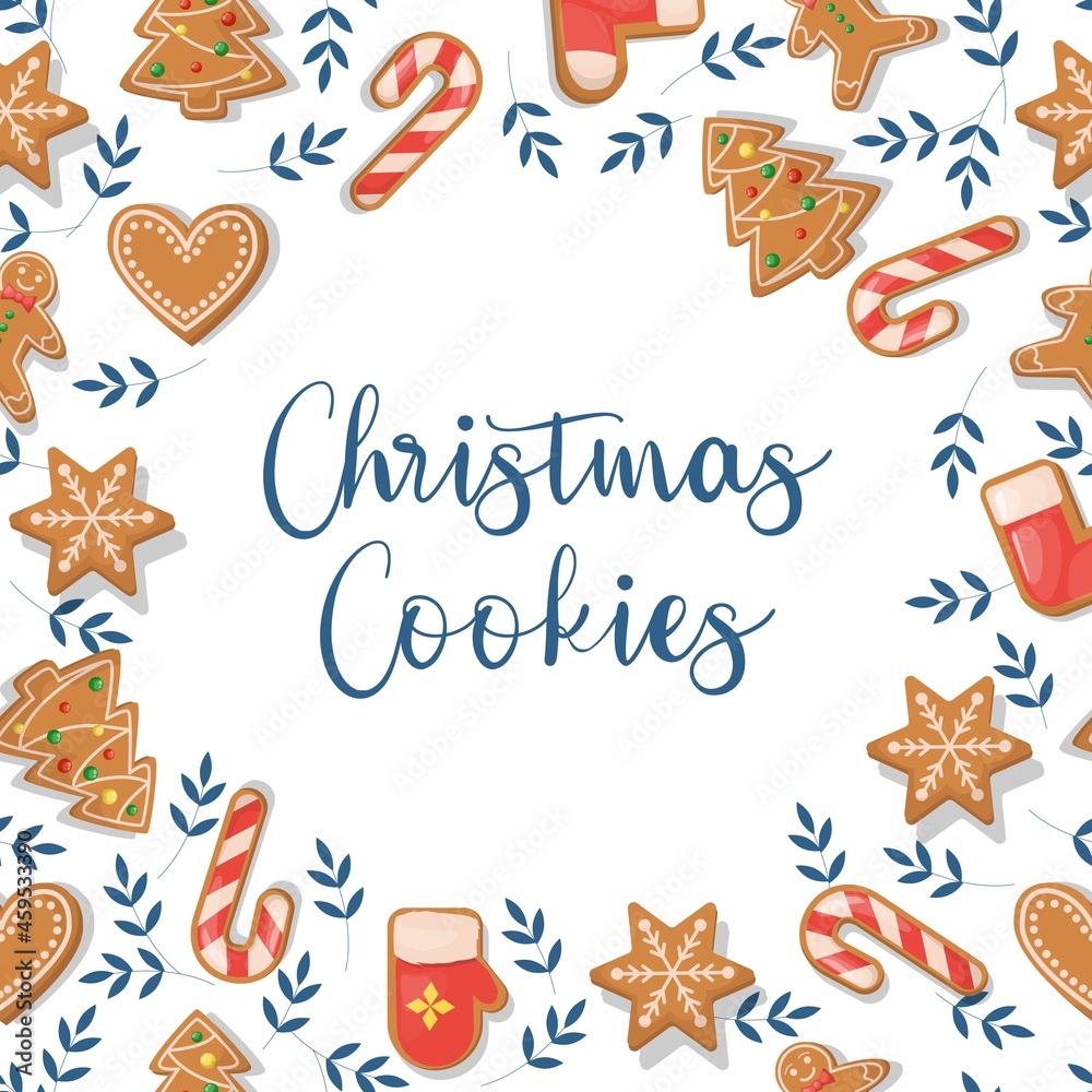 Obraz premium Christmas card with ginger cookies, holiday festive dessert. Winter gingerbread xmas card. Greeting card with decorated season food.