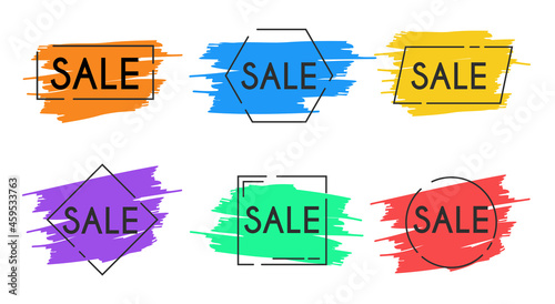 Set of colorful geometric shapes with sale lettering on white background. Concept of promotion original banner for sales advertising. Flat cartoon vector illustration