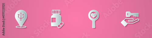 Set paper cut Psychology, Psi, Sedative pills, Broken heart or divorce and Solution to the problem icon. Paper art style. Vector