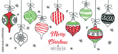 Set of hand drawn christmas baubles. Decoration isolated elements. Doodles and sketches vector illustration