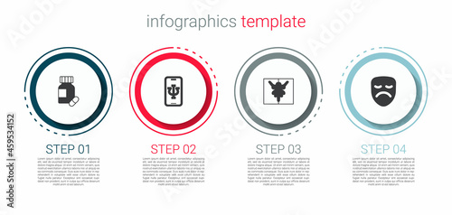 Set Sedative pills, Psychologist online, Rorschach test and Drama theatrical mask. Business infographic template. Vector