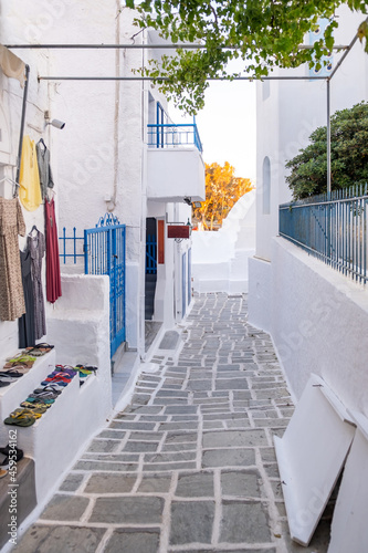 Ios Nios island, Chora village, Cyclades Greece. Souvenir shops empty paved alley. Vertical © Rawf8