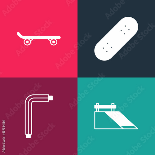 Set pop art Skate park, Tool allen keys, Skateboard and icon. Vector