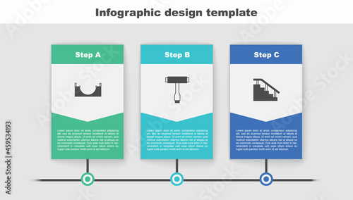 Set Skate park, Skateboard T tool and stairs with rail. Business infographic template. Vector
