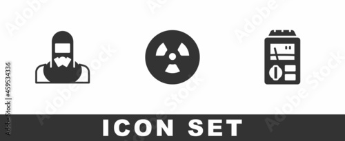 Set Nuclear reactor worker, Radioactive and Dosimeter icon. Vector