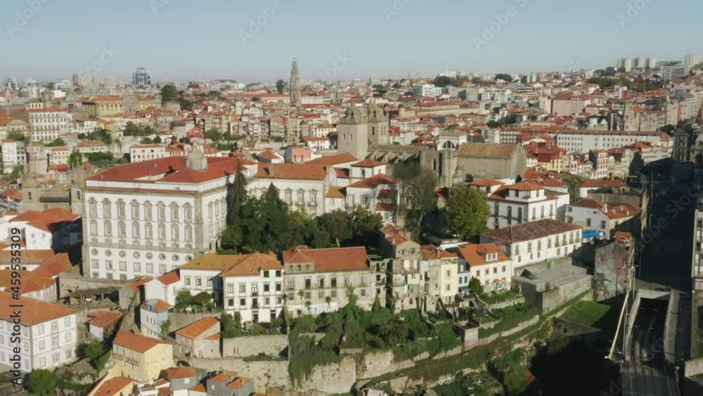 Porto. Portugal. City wall and fortification buildings between the center and suburbs as seen from above. Aerial footage of historic architecture of medieval Oporto in Europe. High quality 4k footage Porto. Portugal. City wall and fortification buildings between the center and suburbs as seen from above. Aerial footage of historic architecture of medieval Oporto in Europe. High quality 4k footage