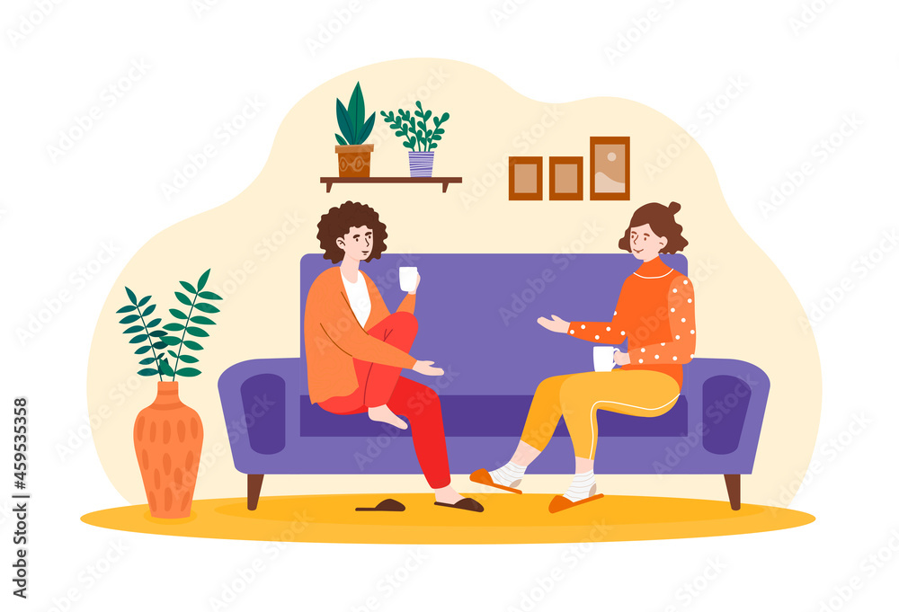 Smiling female friends are drinking tea at home together. Happy female laughing and gossiping on comfortable couch. Concept of people having friendly conversation. Flat cartoon vector illustration