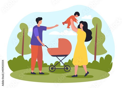 Happy cute family spending time with baby outdoors in the park. Father, mother and a little daughter together in nature. Concept of parenthood. Flat cartoon vector illustration