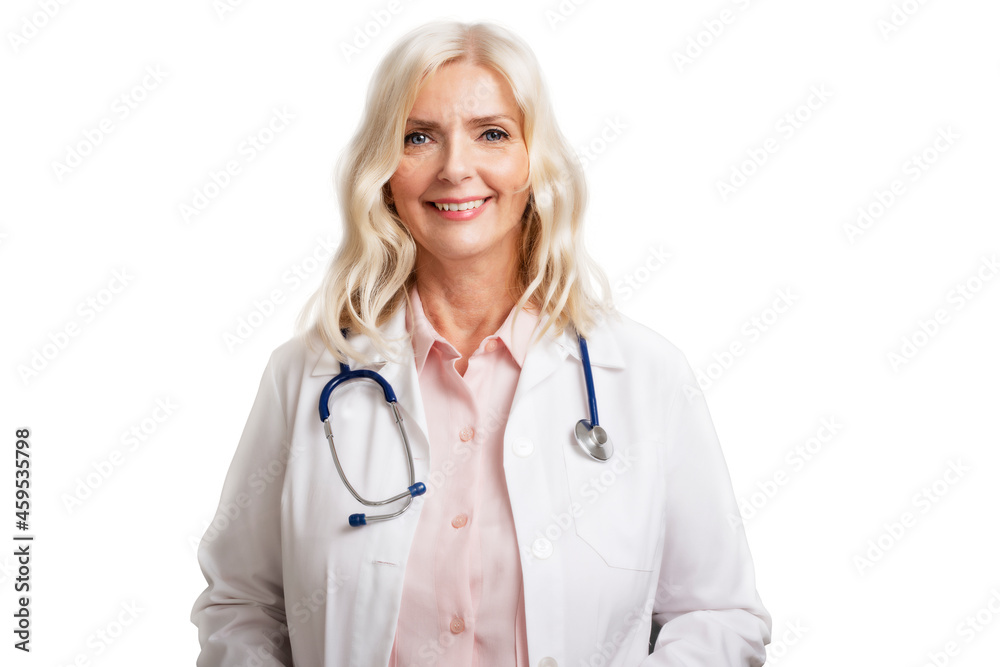 Smiling female doctor portrait while standing at isolated white background Smiling female doctor portrait while standing at isolated white background