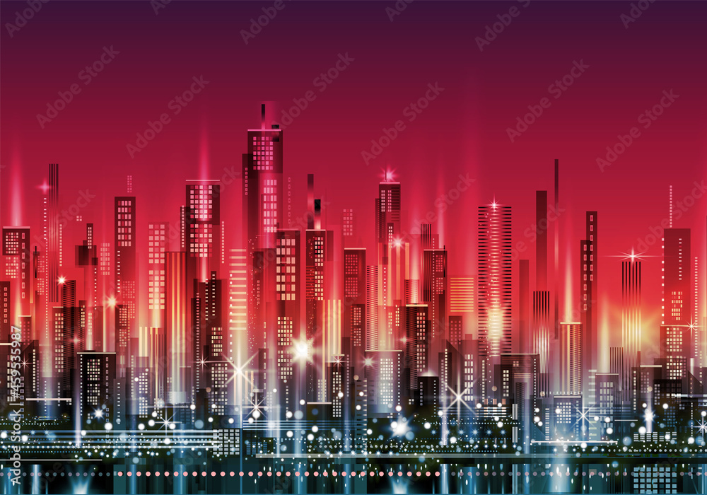 Urban skyline with downtown skyscrapers, glowing office buildings