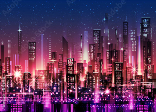 Urban, city skyline with downtown skyscrapers, glowing office buildings photo