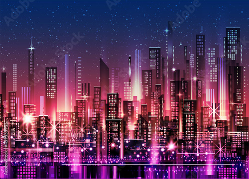 Urban, city skyline with downtown skyscrapers, glowing office buildings