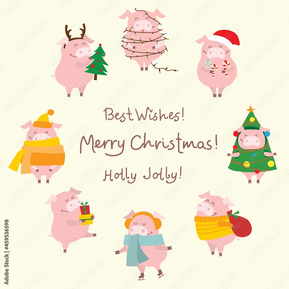 Vector illustration card with the symbol of the year - yellow pig with christmas gifts and hand drawn christmas greeting Vector illustration card with the symbol of the year - yellow pig with christmas gifts and hand drawn christmas greeting