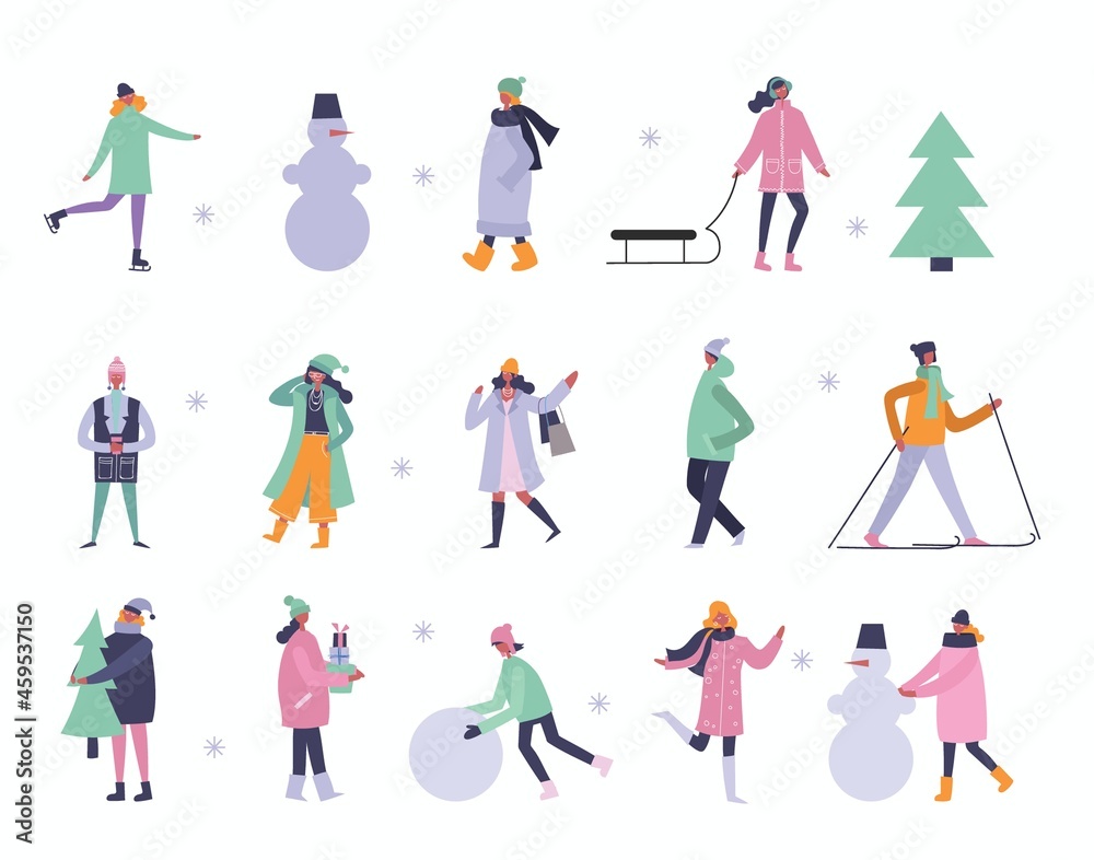 Vector illustration in flat design of winter season background with people outdoor in the flat design