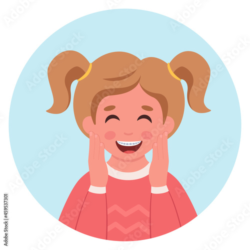 Girl with braces on teeth. Dental care. Vector illustration