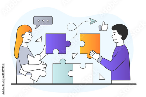 Male and female characters are working together to assemble puzzle pieces on white background. Concept of teamwork. Flat cartoon vector illustration