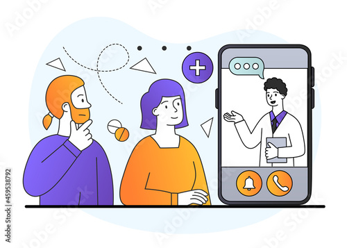 Smartphone screen with male therapist on video call for online consultation on white background. Concept of online medical advise or consultation service. Flat cartoon vector illustration