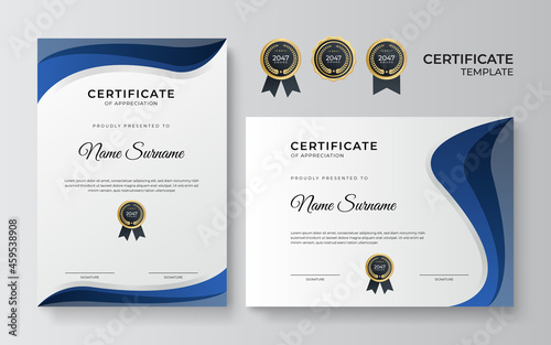 Modern blue certificate template and border, for award, diploma, and printing