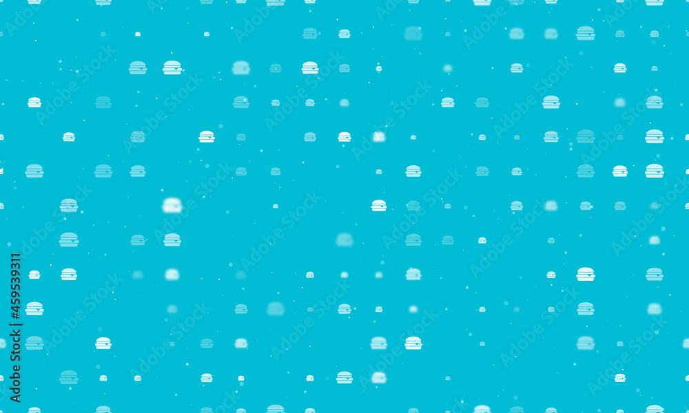 Seamless background pattern of evenly spaced white hamburger symbols of different sizes and opacity. Vector illustration on cyan background with stars