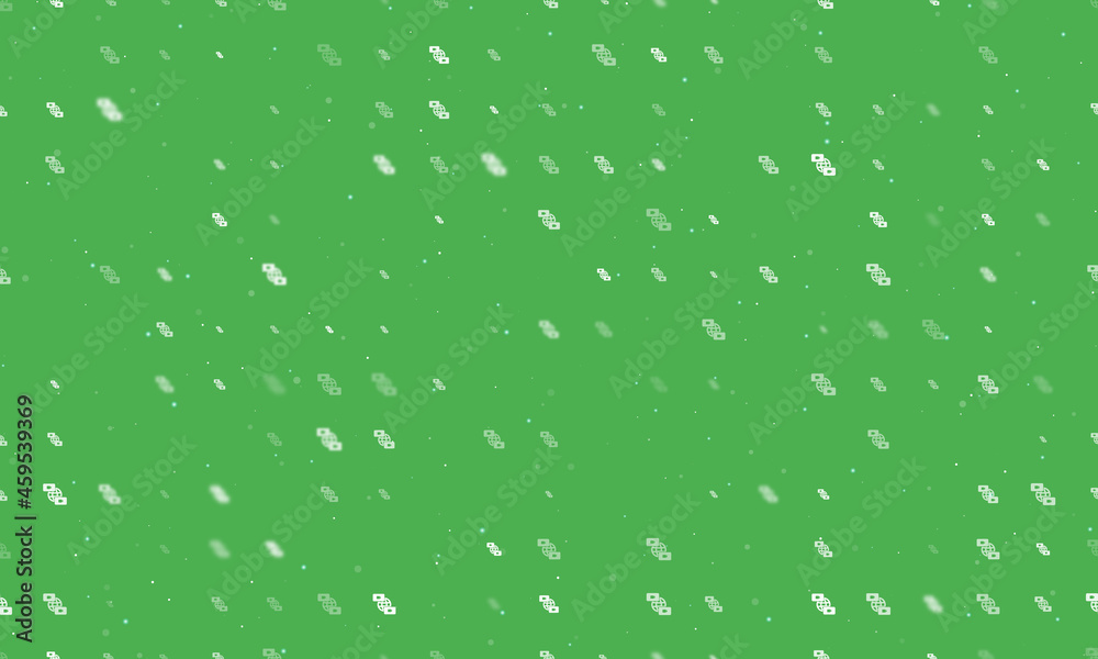 Seamless background pattern of evenly spaced white videoconference symbols of different sizes and opacity. Vector illustration on green background with stars