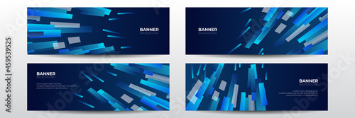 Blue abstract vector technology business long banner template. Business minimal background with halftone circle frame. Abstract background with dynamic effect.