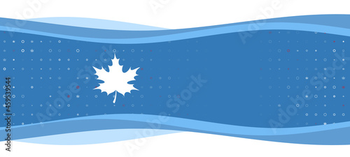 Blue wavy banner with a white maple leaf symbol on the left. On the background there are small white shapes, some are highlighted in red. There is an empty space for text on the right side