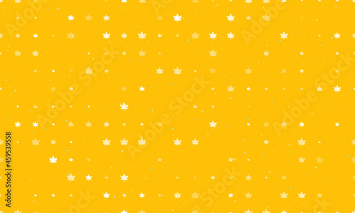 Seamless background pattern of evenly spaced white maple leafs of different sizes and opacity. Vector illustration on amber background with stars
