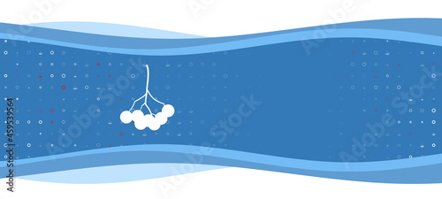 Blue wavy banner with a white rowan berry symbol on the left. On the background there are small white shapes, some are highlighted in red. There is an empty space for text on the right side