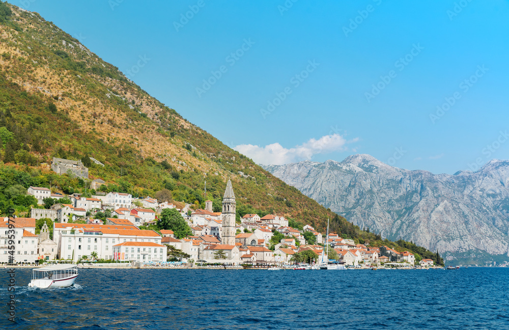 Beautiful mediterranean landscape, yacht in the bay, background