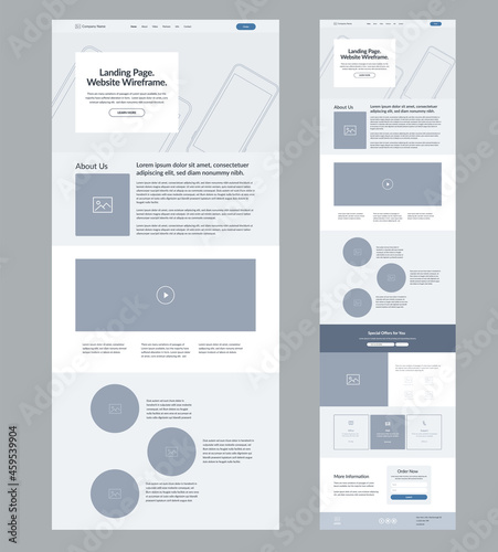 Website design template wireframe. Landing page site design.