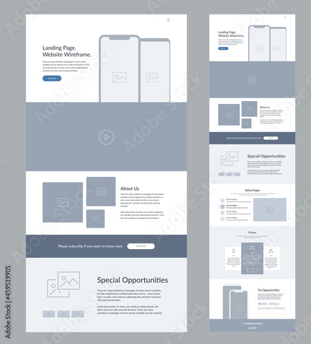 Website design template wireframe. Landing page site design.