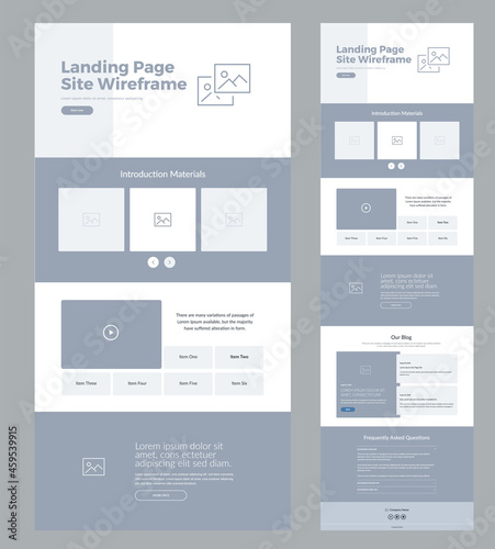 Website design template wireframe. Landing page site design.