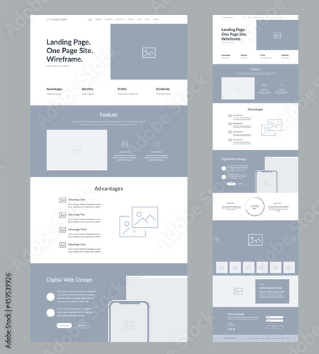 Website design template wireframe. Landing page site design.