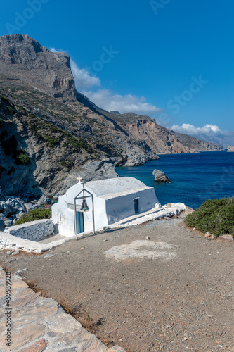 Agia Anna chapel above the famous beach well known from the big blue movie on Amorgos island, Cyclades Greece.