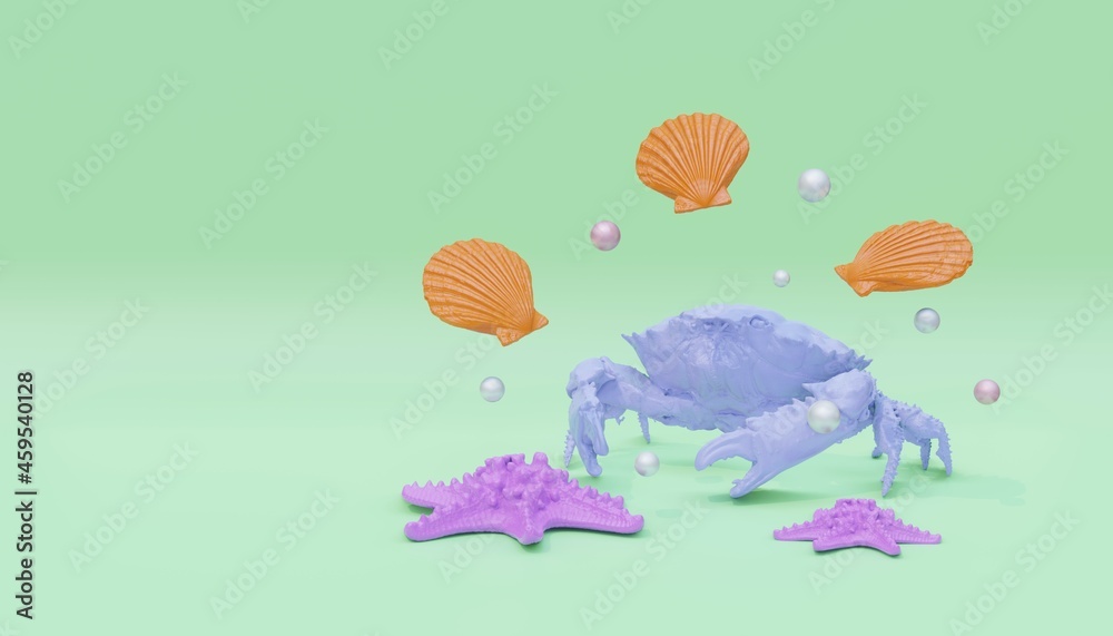 Purple crab with colorful shells, starfish and pearls on green background, 3d rendering. Purple crab with colorful shells, starfish and pearls on green background, 3d rendering.