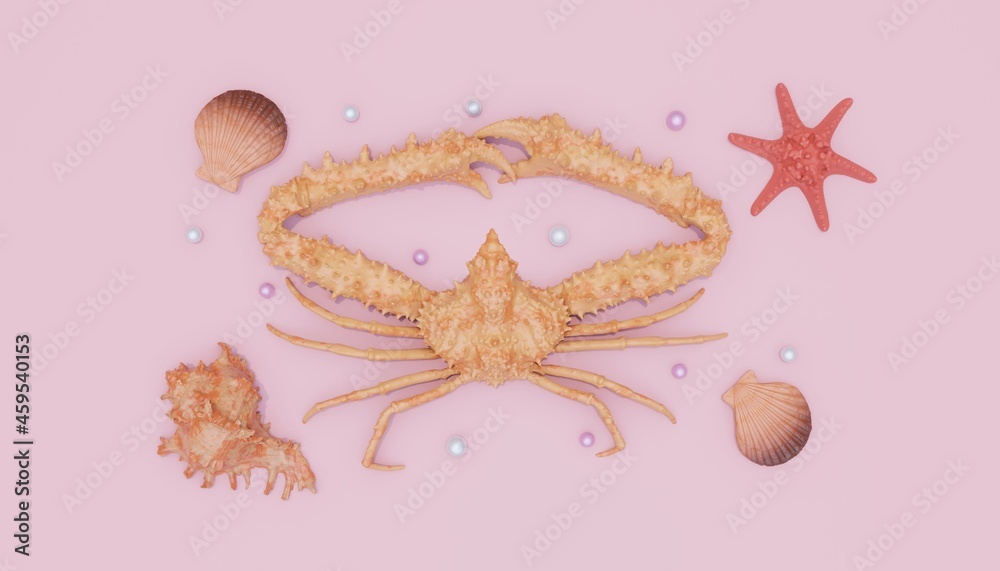 Naklejka premium Abstract color crab with colorful shells, starfish and pearls on a pink background, 3d rendering.