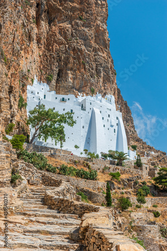 The famous Hozoviotissa Monastery standing on a rock over the Aegean sea in Amorgos island, Cyclades, Greece.