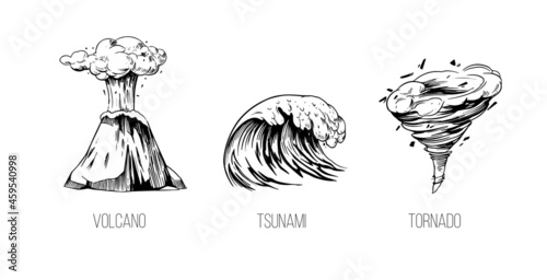 natural disasters. Volcano, tsunami, tornado. Hand drawn vector sketch illustration.
