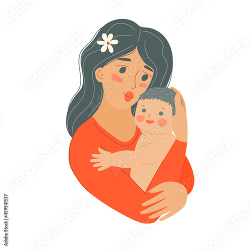 Mother with baby child. Mothers Day. Woman with newborn. Parent holds the child in arms. Stock vector flat cartoon illustration isolated on white background.